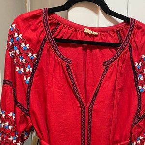J. Crew Red Peasant Dress with Embroidery